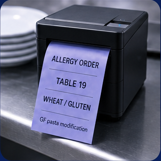A kitchen printer producing a marked allergy order ticket for Table 19